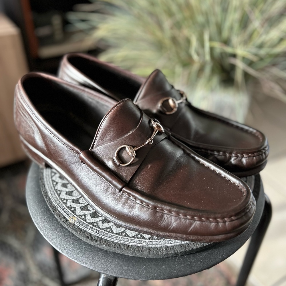 Brown size 13 Gucci dress loafers.